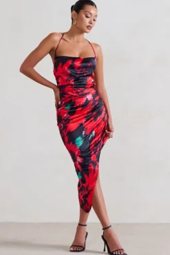 Risk It All | Black u0026 Red Floral Print Cami Cowl Neck Asymmetric Hem Dress