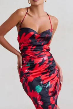 Risk It All | Black u0026 Red Floral Print Cami Cowl Neck Asymmetric Hem Dress