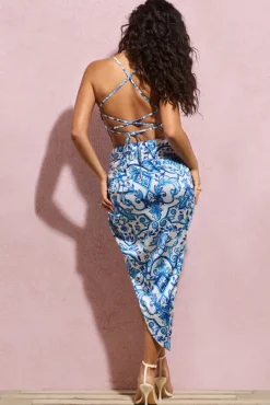 Risk It All | Blue Porcelain Print Cami Cowl Neck Asymmetric Hem Midi Dress