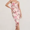 Risk It All | Blush Pink Floral Print Satin Cowl Asymmetric Midi Dress