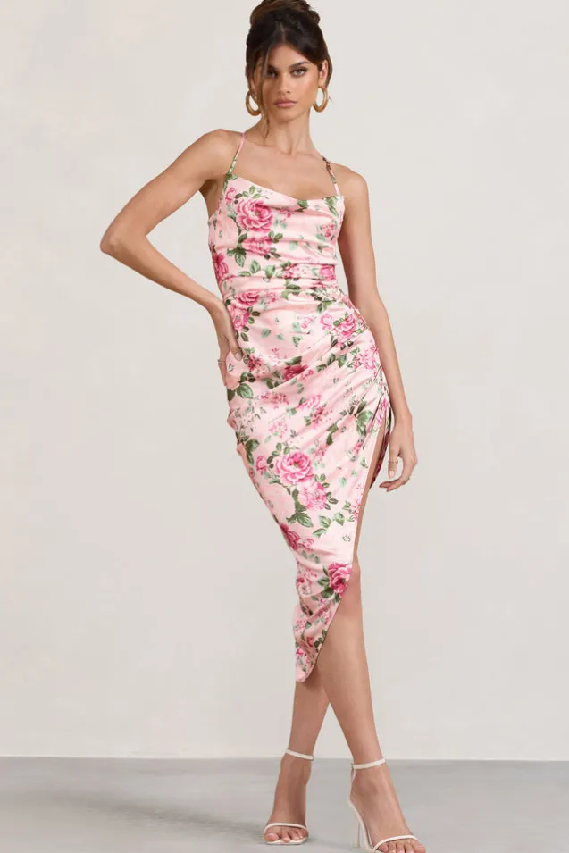 Risk It All | Blush Pink Floral Print Satin Cowl Asymmetric Midi Dress