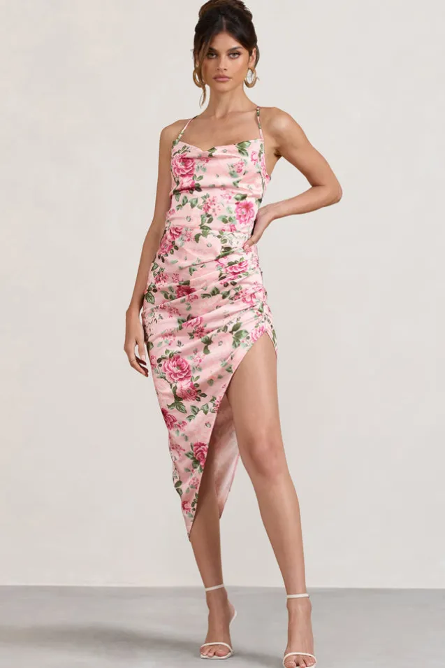 Risk It All | Blush Pink Floral Print Satin Cowl Asymmetric Midi Dress
