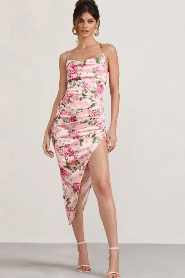 Risk It All | Blush Pink Floral Print Satin Cowl Asymmetric Midi Dress