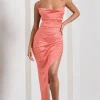 Risk It All | Coral Cami Cowl Neck Asymmetric Hem Midi Dress