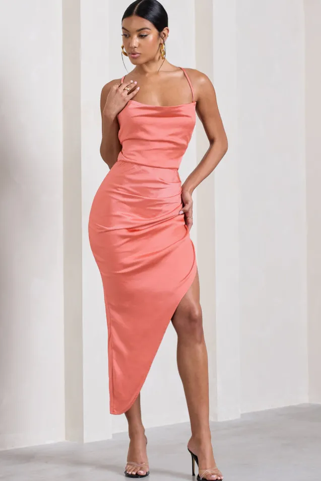 Risk It All | Coral Cami Cowl Neck Asymmetric Hem Midi Dress