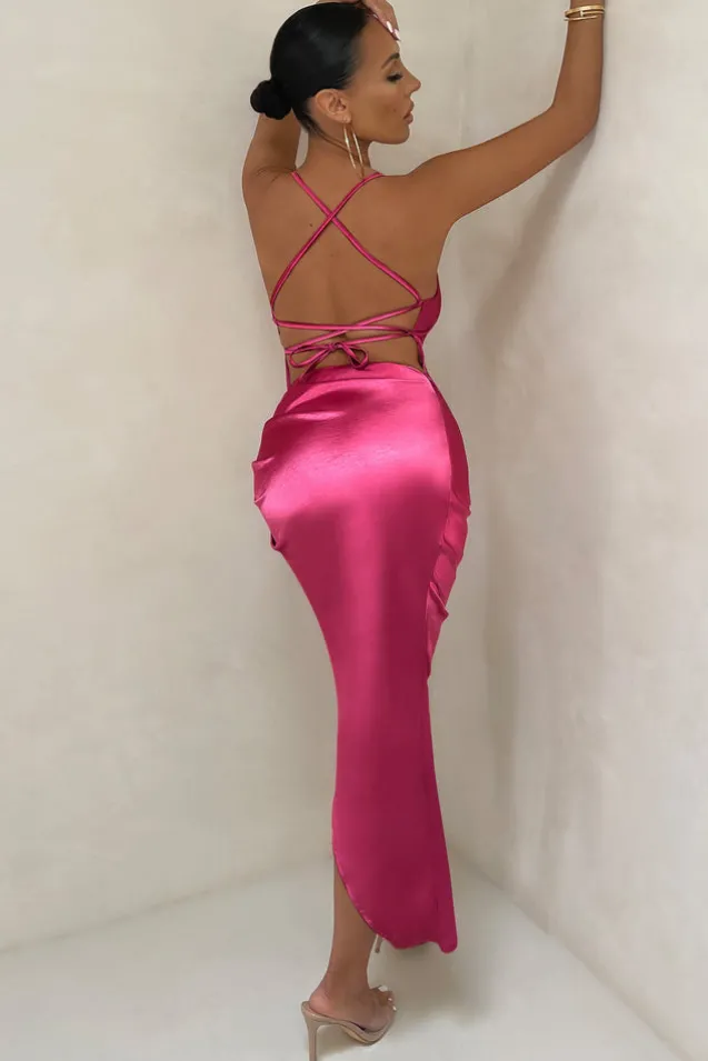 Risk It All | Hot Pink Cami Cowl Neck Asymmetric Hem Midi Dress