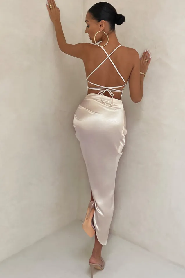 Risk It All | Off White Cami Cowl Neck Asymmetric Hem Midi Dress