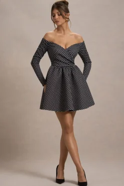 Riva | Black Polka Dot Bardot Long-Sleeve Mini Dress