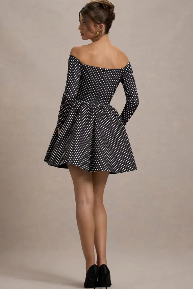 Riva | Black Polka Dot Bardot Long-Sleeve Mini Dress