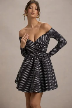Riva | Black Polka Dot Bardot Long-Sleeve Mini Dress