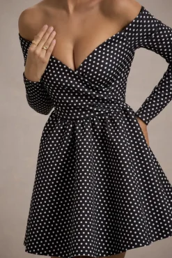 Riva | Black Polka Dot Bardot Long-Sleeve Mini Dress