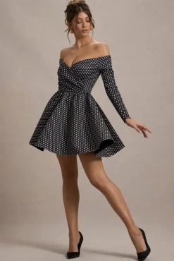 Riva | Black Polka Dot Bardot Long-Sleeve Mini Dress