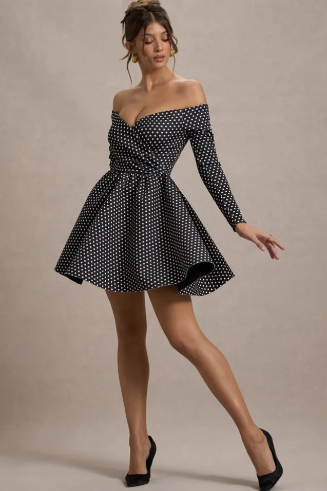 Riva | Black Polka Dot Bardot Long-Sleeve Mini Dress