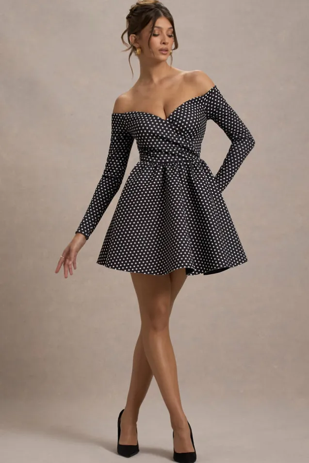 Riva | Black Polka Dot Bardot Long-Sleeve Mini Dress