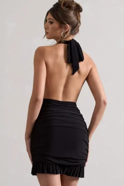 Rodeo | Black Ruched Halter-Neck Mini Dress With Ruffles