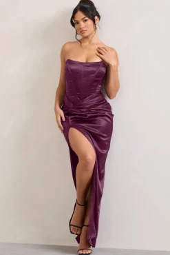 Romancing | Burgundy Thigh Split Corset Strapless Maxi Dress