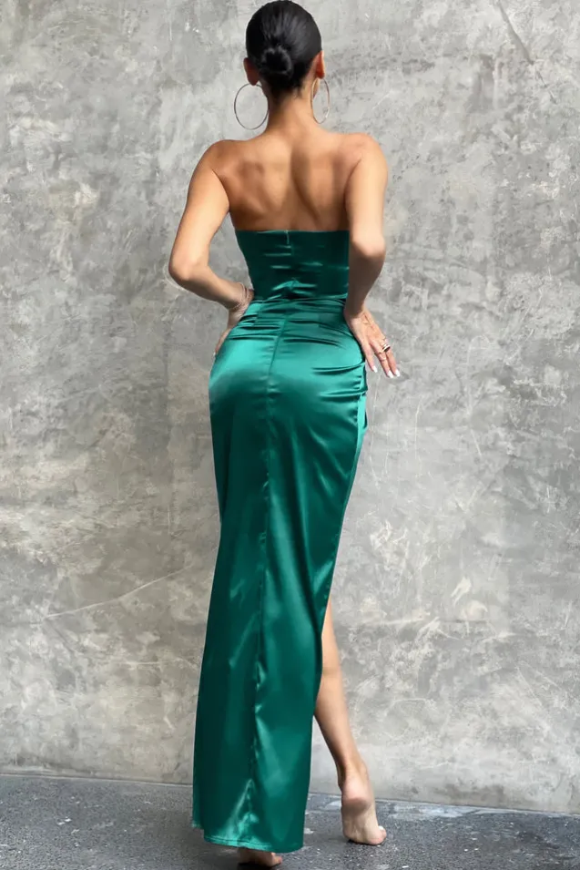 Romancing | Teal Green Satin Bandeau Corset Detail Maxi Dress