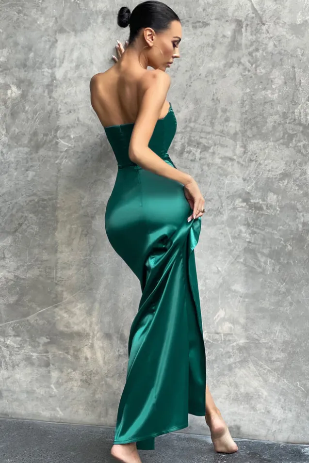 Romancing | Teal Green Satin Bandeau Corset Detail Maxi Dress