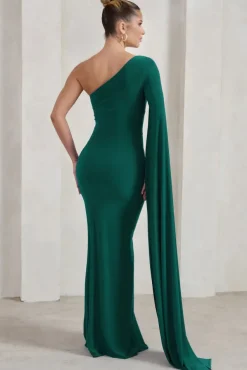 Romi | Bottle Green One Shoulder Twist Design Maxi Dress