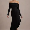 Romina | Black Rib Knit Bardot Maxi Dress With Asymmetric Hem