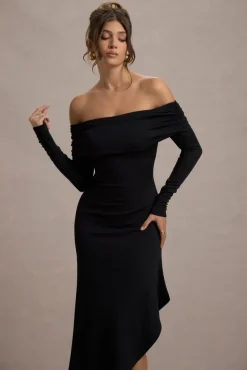 Romina | Black Rib Knit Bardot Maxi Dress With Asymmetric Hem