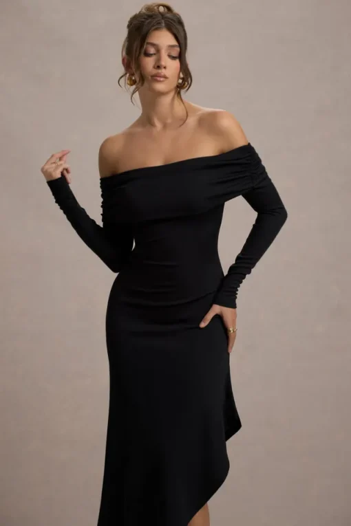Romina | Black Rib Knit Bardot Maxi Dress With Asymmetric Hem