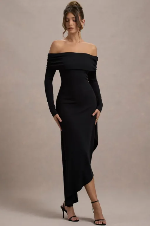Romina | Black Rib Knit Bardot Maxi Dress With Asymmetric Hem