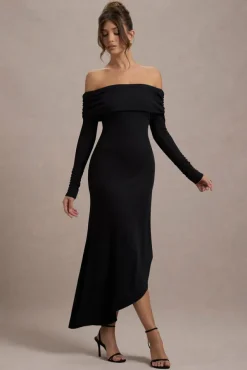 Romina | Black Rib Knit Bardot Maxi Dress With Asymmetric Hem