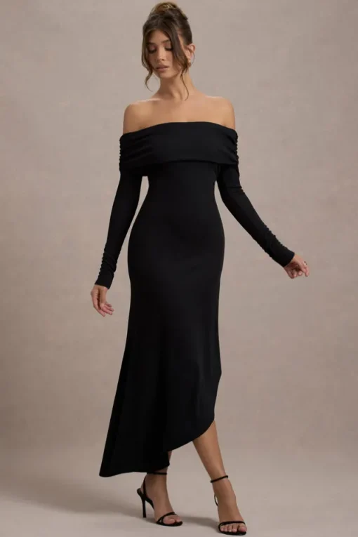 Romina | Black Rib Knit Bardot Maxi Dress With Asymmetric Hem