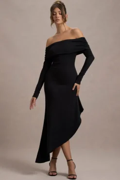 Romina | Black Rib Knit Bardot Maxi Dress With Asymmetric Hem