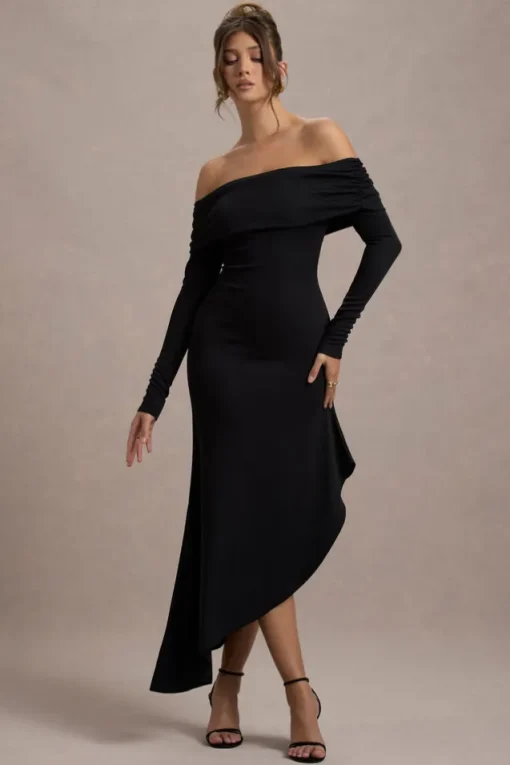 Romina | Black Rib Knit Bardot Maxi Dress With Asymmetric Hem