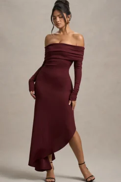 Romina | Port Rib Knit Bardot Maxi Dress With Asymmetric Hem