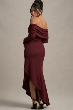 Romina | Port Rib Knit Bardot Maxi Dress With Asymmetric Hem