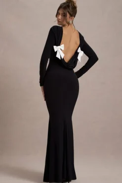 Rosalee | Black Long-Sleeve Cowl-Back Fishtail Maxi Dress With Bows