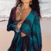 Rosalia | Blue Print Plunge-Neck Long-Sleeve Gathered Playsuit