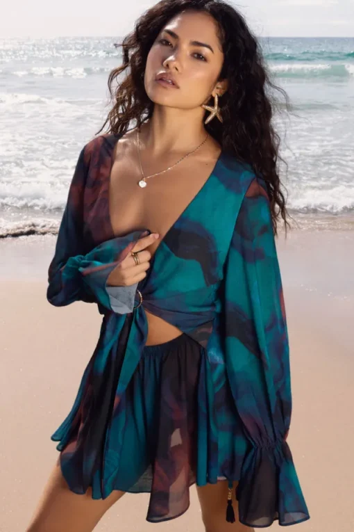 Rosalia | Blue Print Plunge-Neck Long-Sleeve Gathered Playsuit