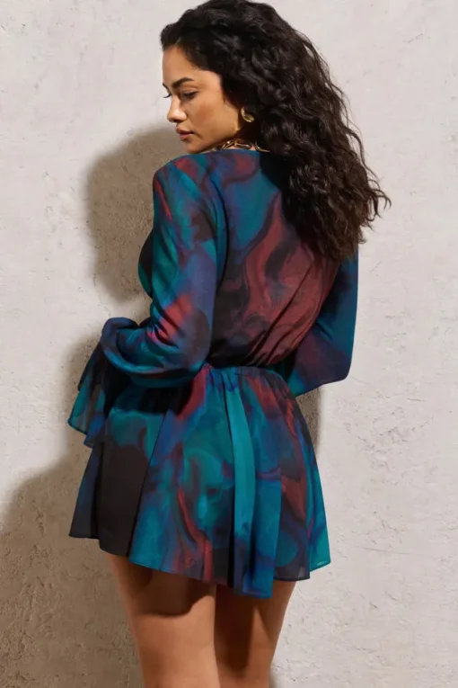 Rosalia | Blue Print Plunge-Neck Long-Sleeve Gathered Playsuit
