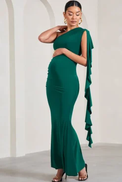 Rosalie | Bottle Green One-Shoulder Maternity Maxi Dress With Ruffles