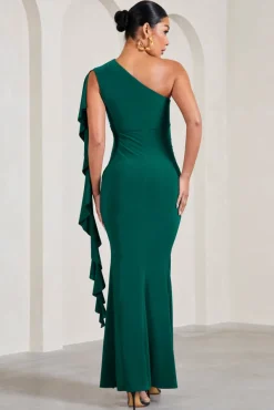 Rosalie | Bottle Green One-Shoulder Maternity Maxi Dress With Ruffles