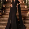 Rosaline | Black Plunging Fishtail Maxi Dress With Cape