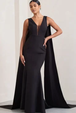 Rosaline | Black Plunging Fishtail Maxi Dress With Cape