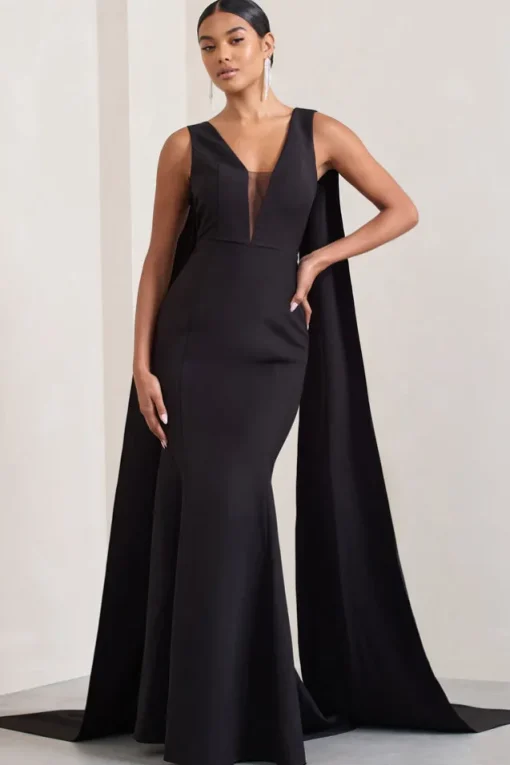 Rosaline | Black Plunging Fishtail Maxi Dress With Cape