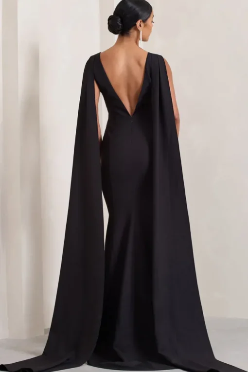 Rosaline | Black Plunging Fishtail Maxi Dress With Cape