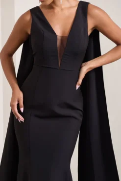 Rosaline | Black Plunging Fishtail Maxi Dress With Cape
