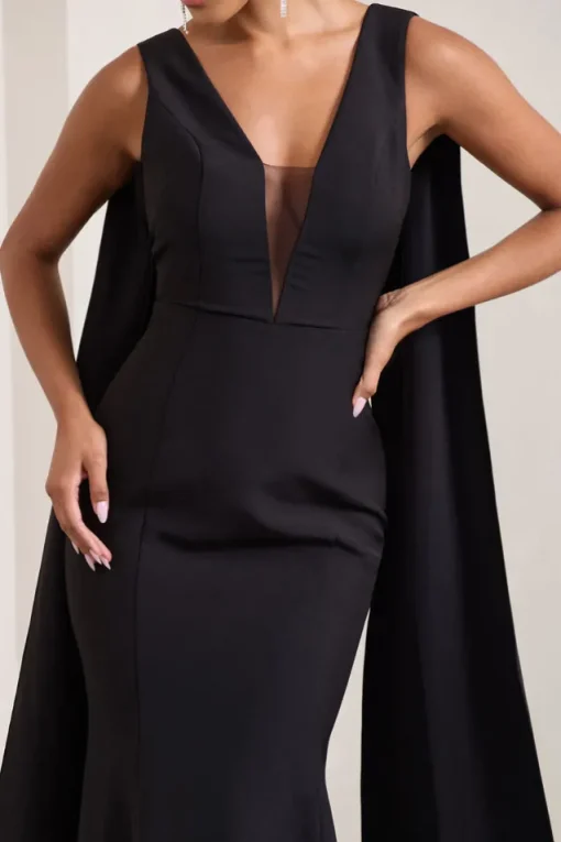 Rosaline | Black Plunging Fishtail Maxi Dress With Cape