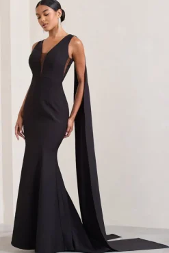 Rosaline | Black Plunging Fishtail Maxi Dress With Cape