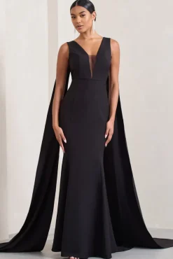 Rosaline | Black Plunging Fishtail Maxi Dress With Cape