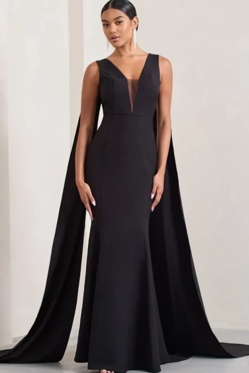 Rosaline | Black Plunging Fishtail Maxi Dress With Cape