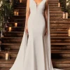Rosaline | White Plunging Fishtail Maxi Dress With Cape