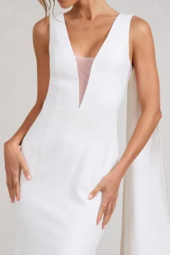 Rosaline | White Plunging Fishtail Maxi Dress With Cape